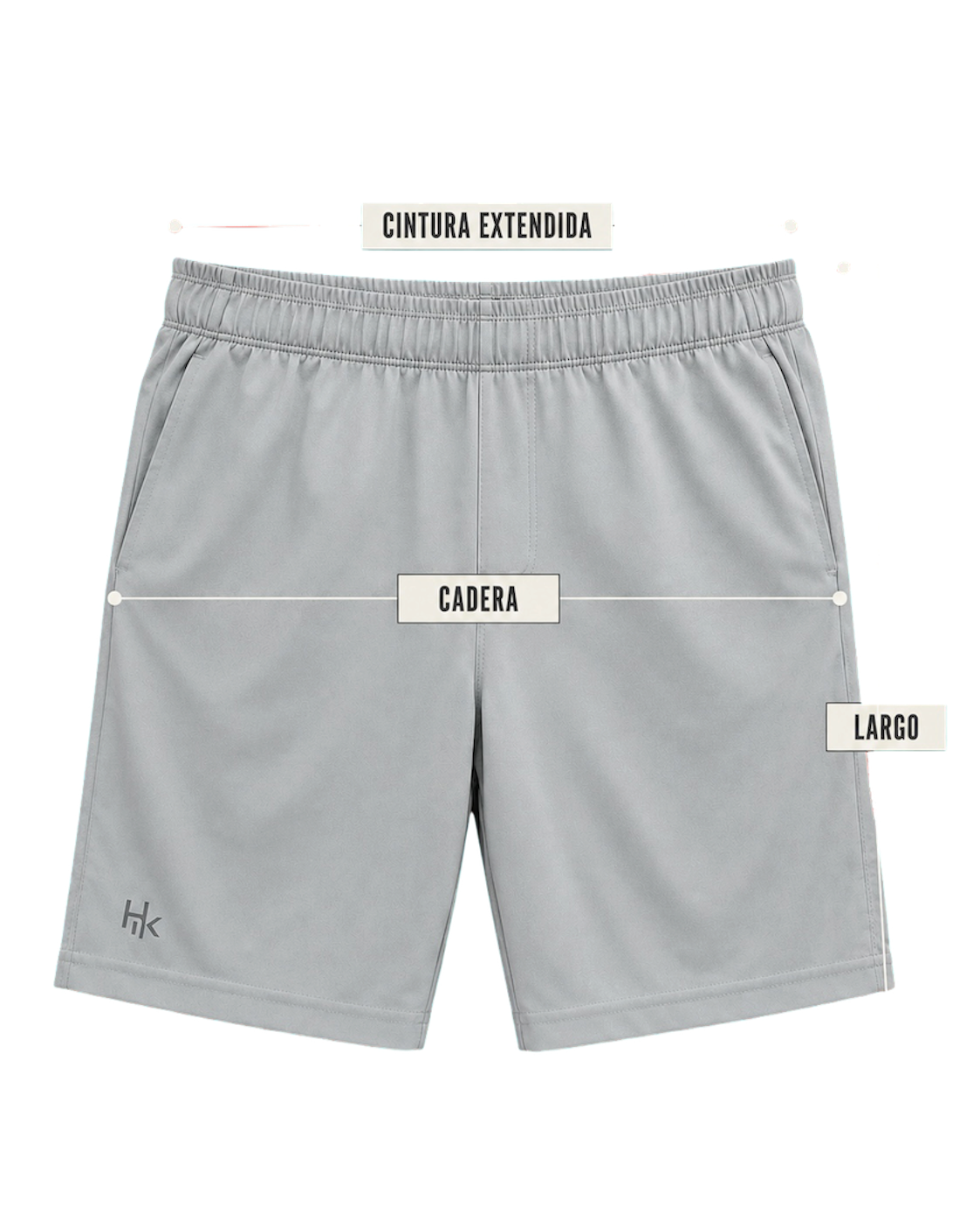 Dónde se toma cada medida de la pantaloneta: cintura extendida, cadera y largo por el costado